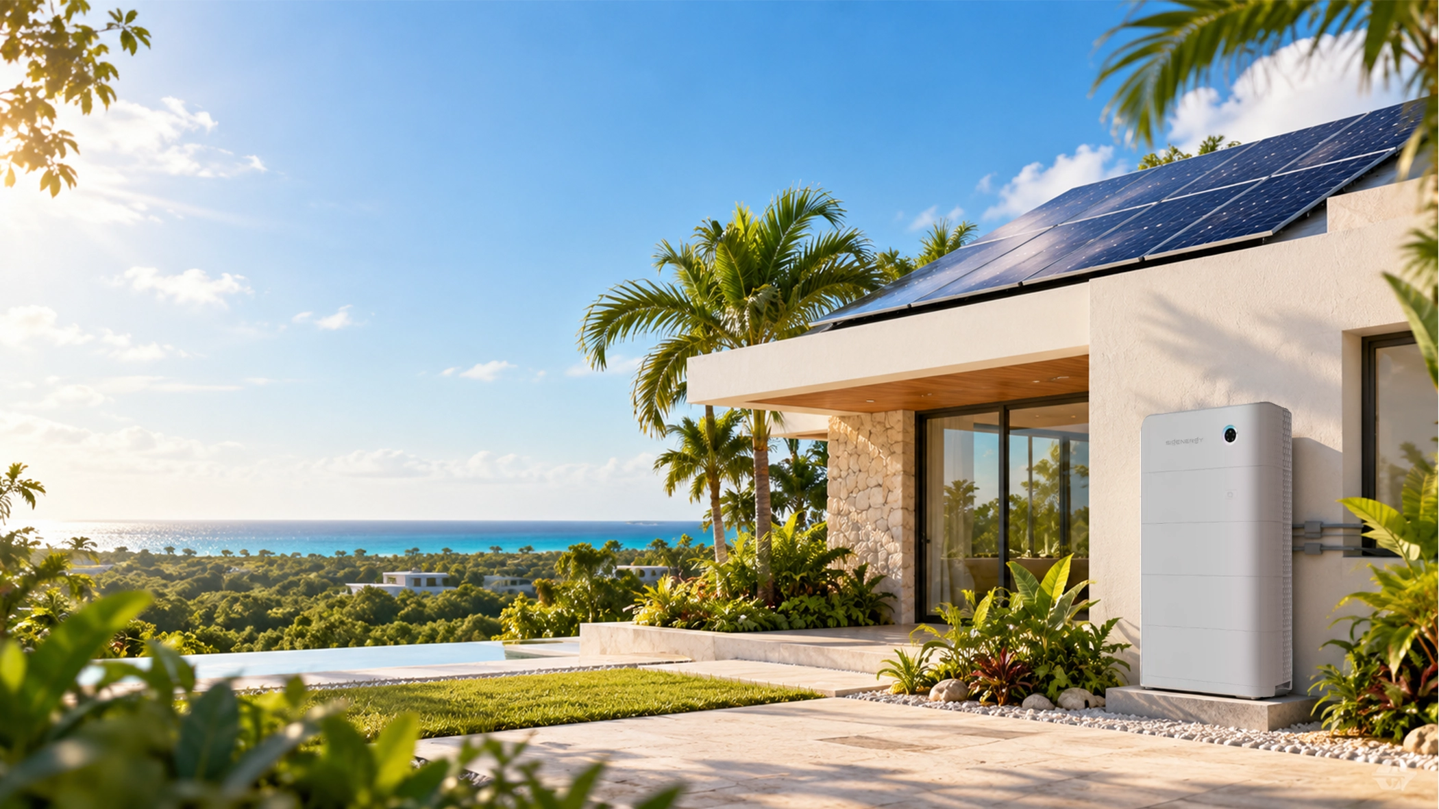 Residencia tropical con paneles solares y sistema de almacenamiento inteligente exterior en Playa del Carmen